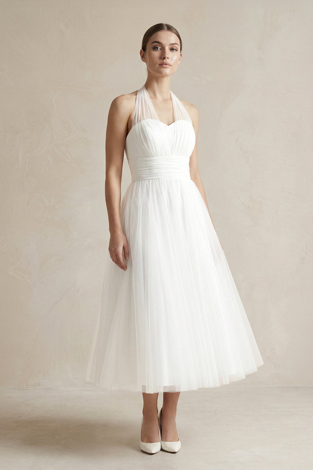 White Halter Tulle A-Line Midi Wedding Dress