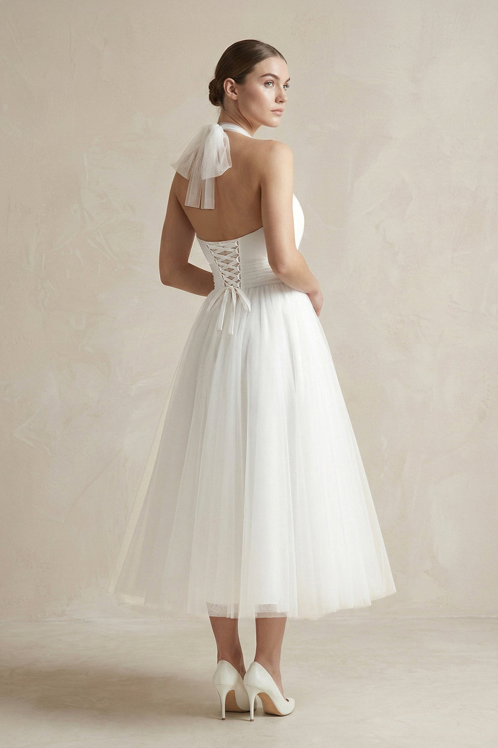 White Halter Tulle A-Line Midi Wedding Dress