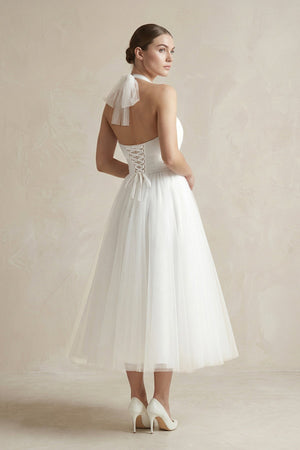White Halter Tulle A - Line Midi Wedding Dress - KISS BRIDAL Wedding Dresses