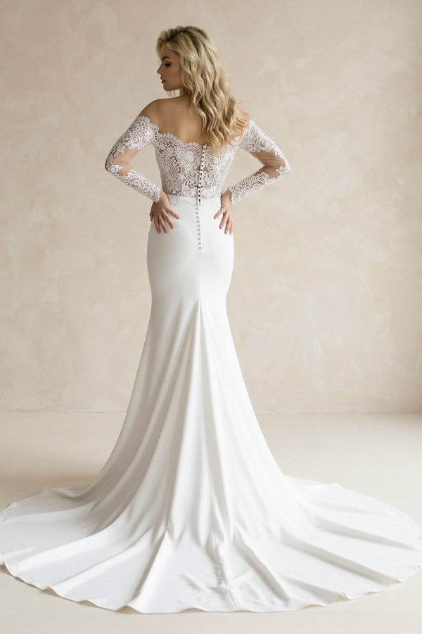White Off - the - Shoulder Satin Mermaid Wedding Dress - KISS BRIDAL Wedding Dresses