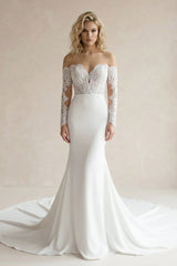 White Off - the - Shoulder Satin Mermaid Wedding Dress - KISS BRIDAL Wedding Dresses