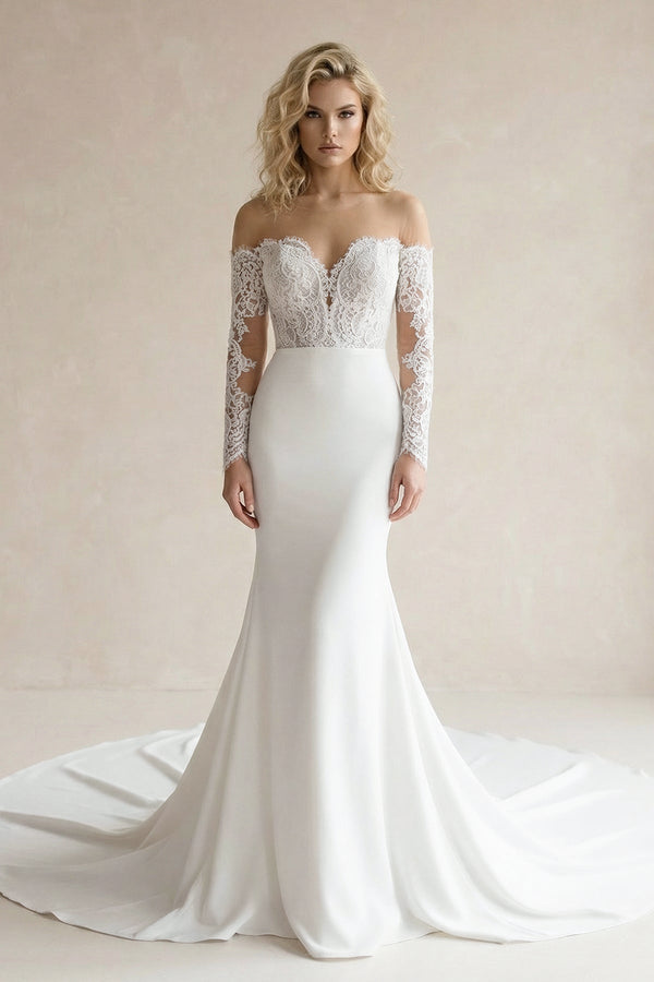 White Off - the - Shoulder Satin Mermaid Wedding Dress - KISS BRIDAL Wedding Dresses