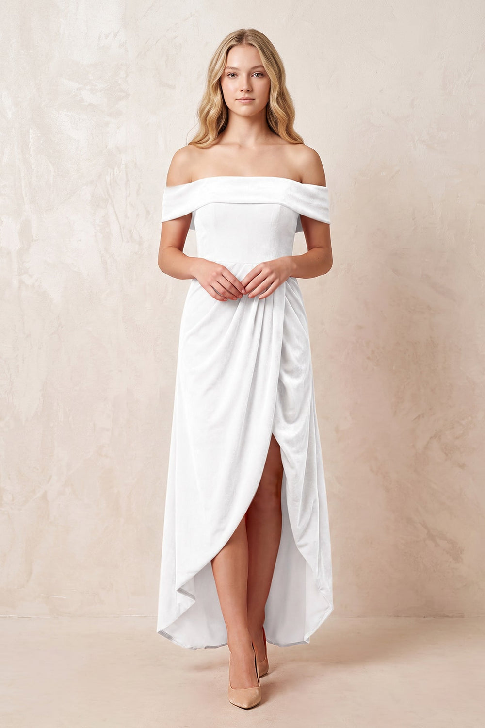 Off-the-Shoulder Sheath Velvet Midi Bridesmaid Dress in White