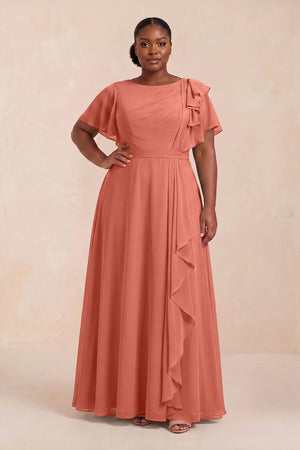 Wild Rose Short Sleeves Bateau A-Line Chiffon Bridesmaid Dress (3) [sizeplus] | KISSBRIDAL