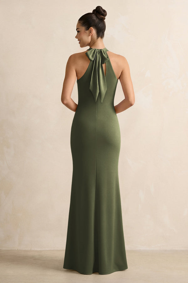 Willow Green Crisscross Halter Sheath Satin Bridesmaid Dress with Bow (2) | KISSBRIDAL
