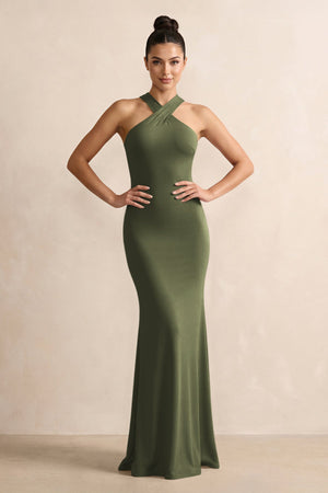 Willow Green Crisscross Halter Sheath Satin Bridesmaid Dress with Bow | KISSBRIDAL