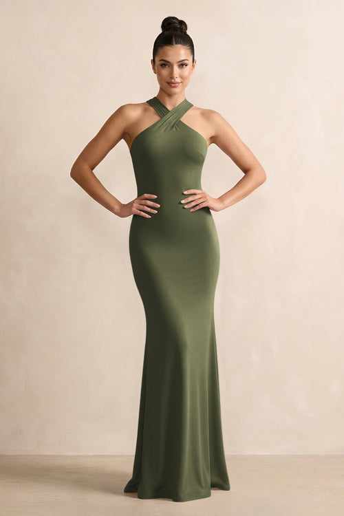 Willow Green Crisscross Halter Sheath Satin Bridesmaid Dress with Bow | KISSBRIDAL