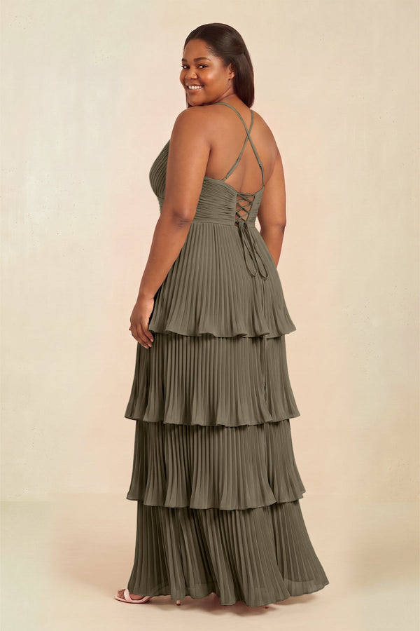 Willow Green Tiered Pleated V-Neck A-Line Chiffon Bridesmaid Dress (2) [sizeplus] | KISSBRIDAL