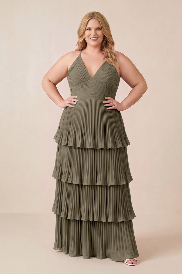 Willow Green Tiered Pleated V-Neck A-Line Chiffon Bridesmaid Dress (3) [sizeplus] | KISSBRIDAL