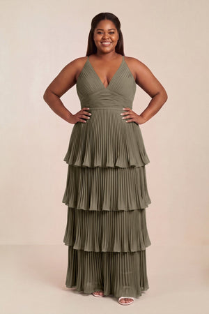 Willow Green Tiered Pleated V-Neck A-Line Chiffon Bridesmaid Dress [sizeplus] | KISSBRIDAL