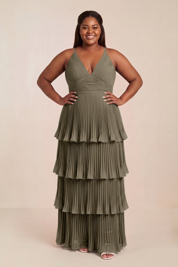 Willow Green Tiered Pleated V-Neck A-Line Chiffon Bridesmaid Dress [sizeplus] | KISSBRIDAL