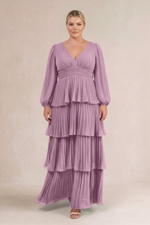 Wisteria V-Neck Tiered A-Line Long Sleeve Bridesmaid Dress (3) [sizeplus] | KISSBRIDAL